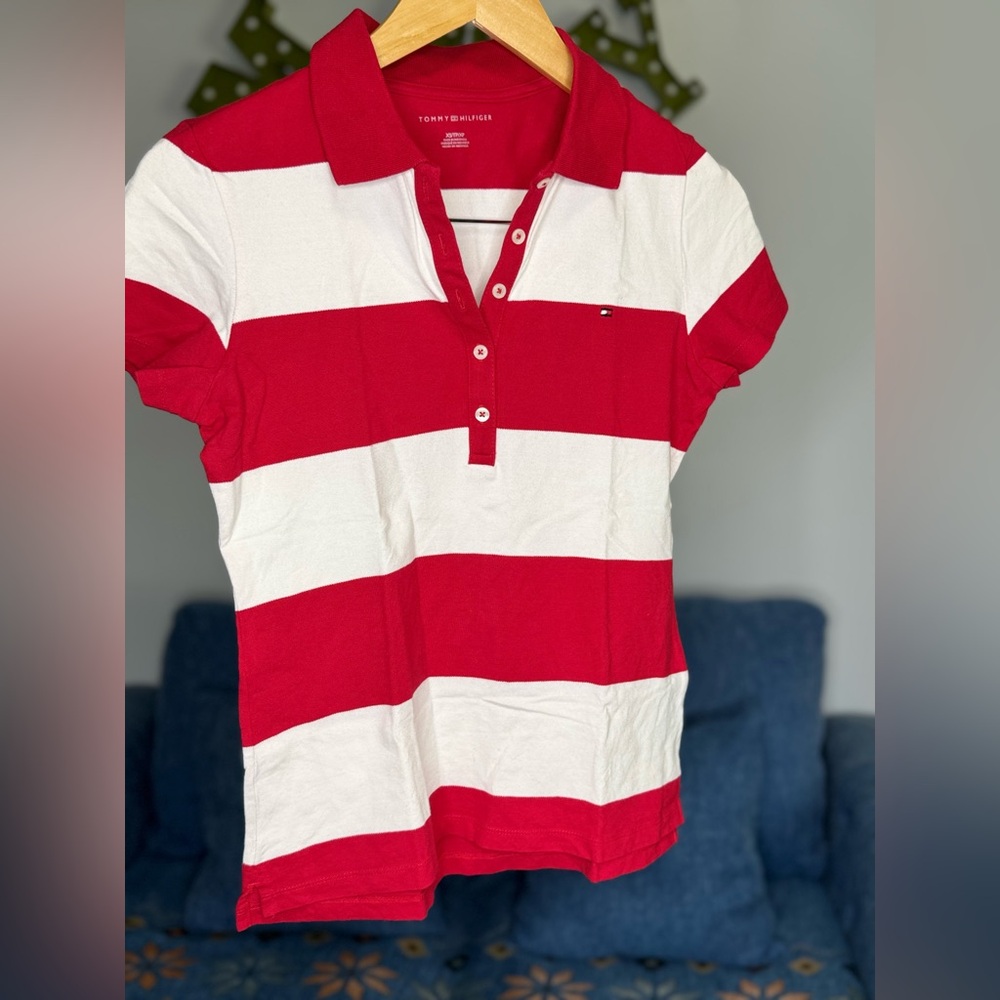Tommy’s Red and White Striped Polo Shirt